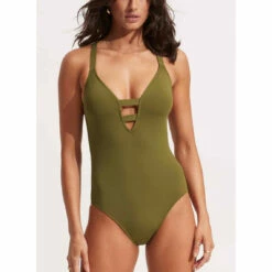 Seafolly Maillot De Bain 1 Pièce Plongeant - Vert Collective