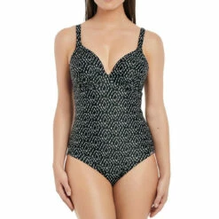 Maillot De Bain Une Pièce Plongeant à Armatures Imprimé - Noir Et Crème